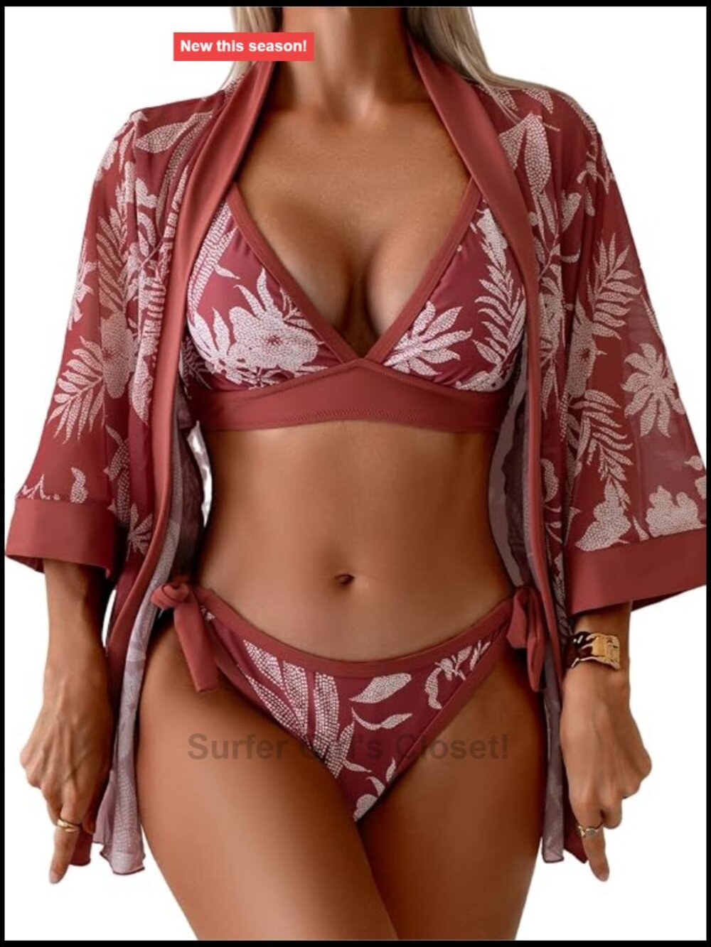 V Neck Three Piece Bikini Set with Mesh Cover Up Cross Back Tie Straps